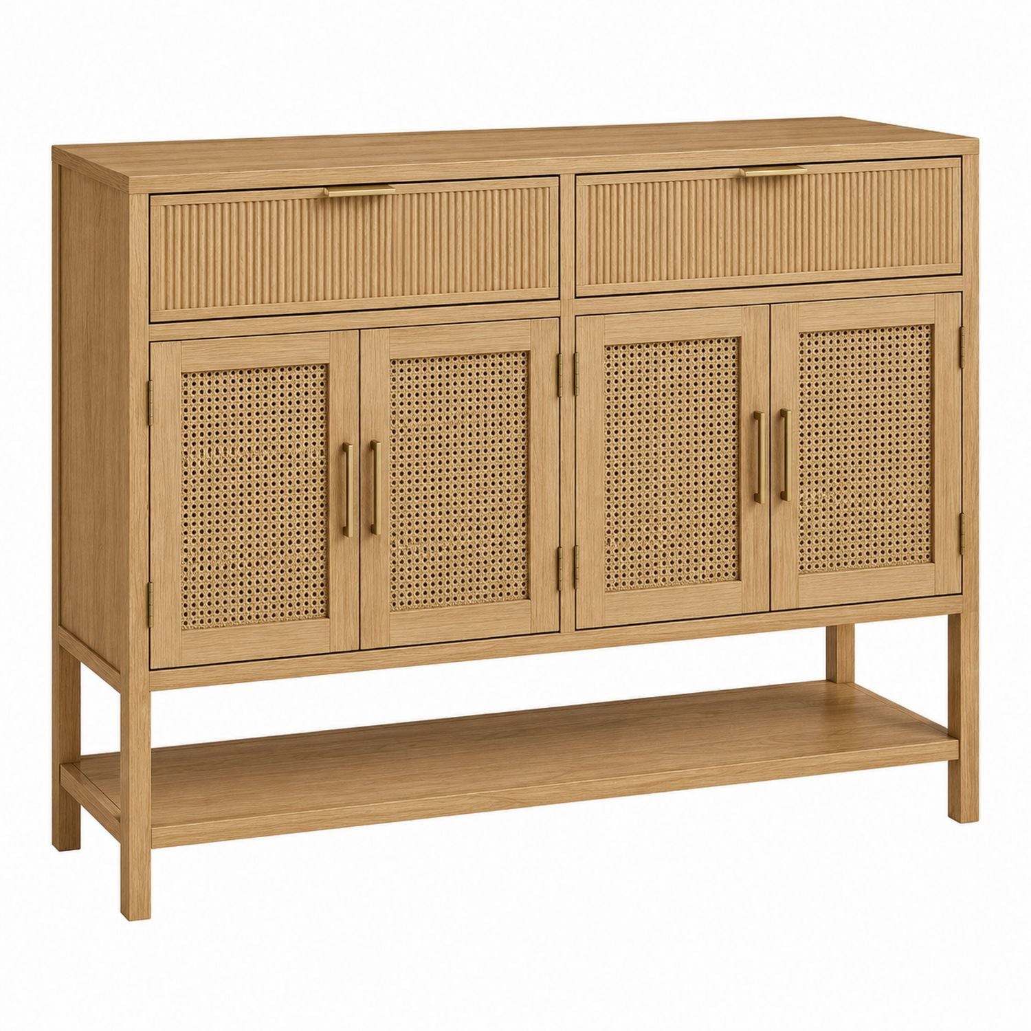 Wood Console Table with Rattan Cabinet Doors and Drawers