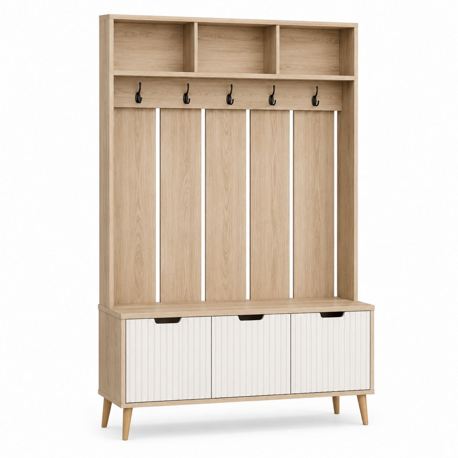 Wooden Entryway Hall Tree with Storage Bench and Metal Hooks