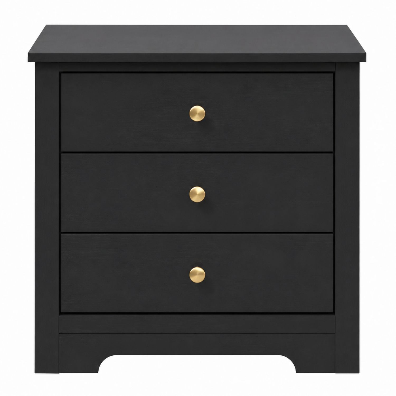 Black Wood Nightstand with Three Drawers and Metal Knobs