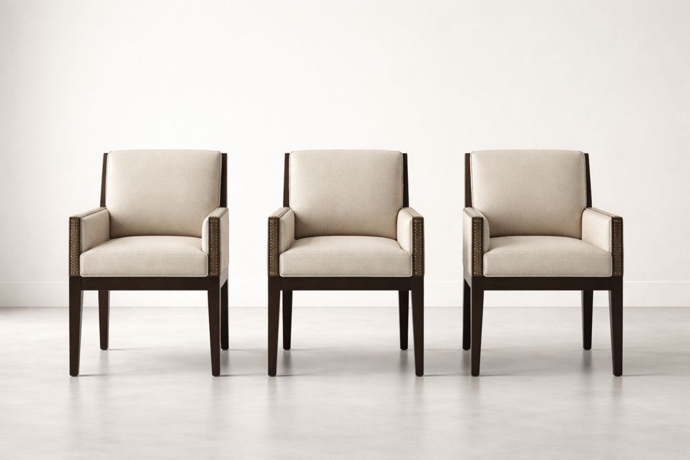 Set of 3 Beige Linen Armchairs with Dark Wood Frame