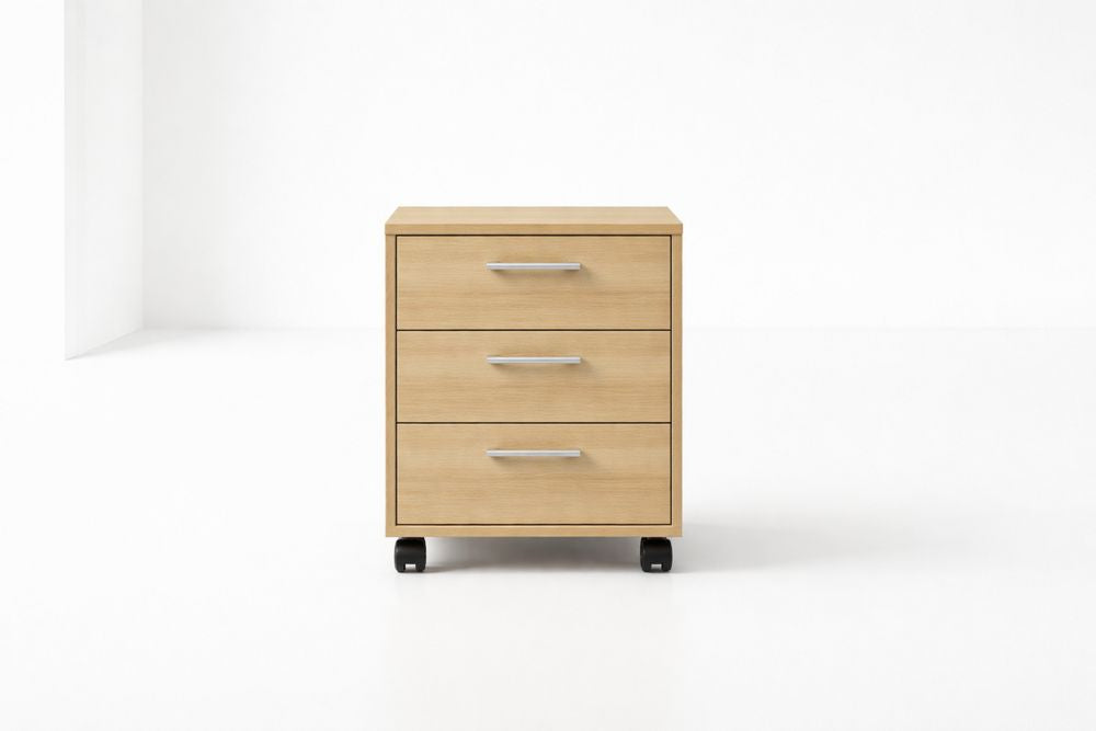 3 Drawer Rolling Oak Veneer Cabinet with Metal Handles