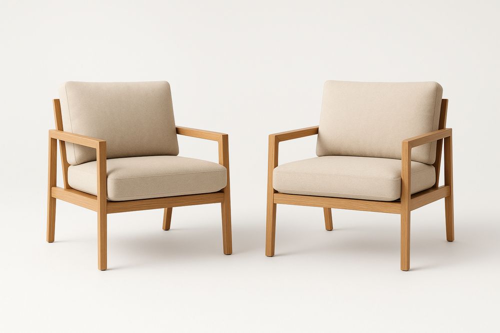 Set of 2 Oak Frame Armchairs with Beige Fabric Upholstery