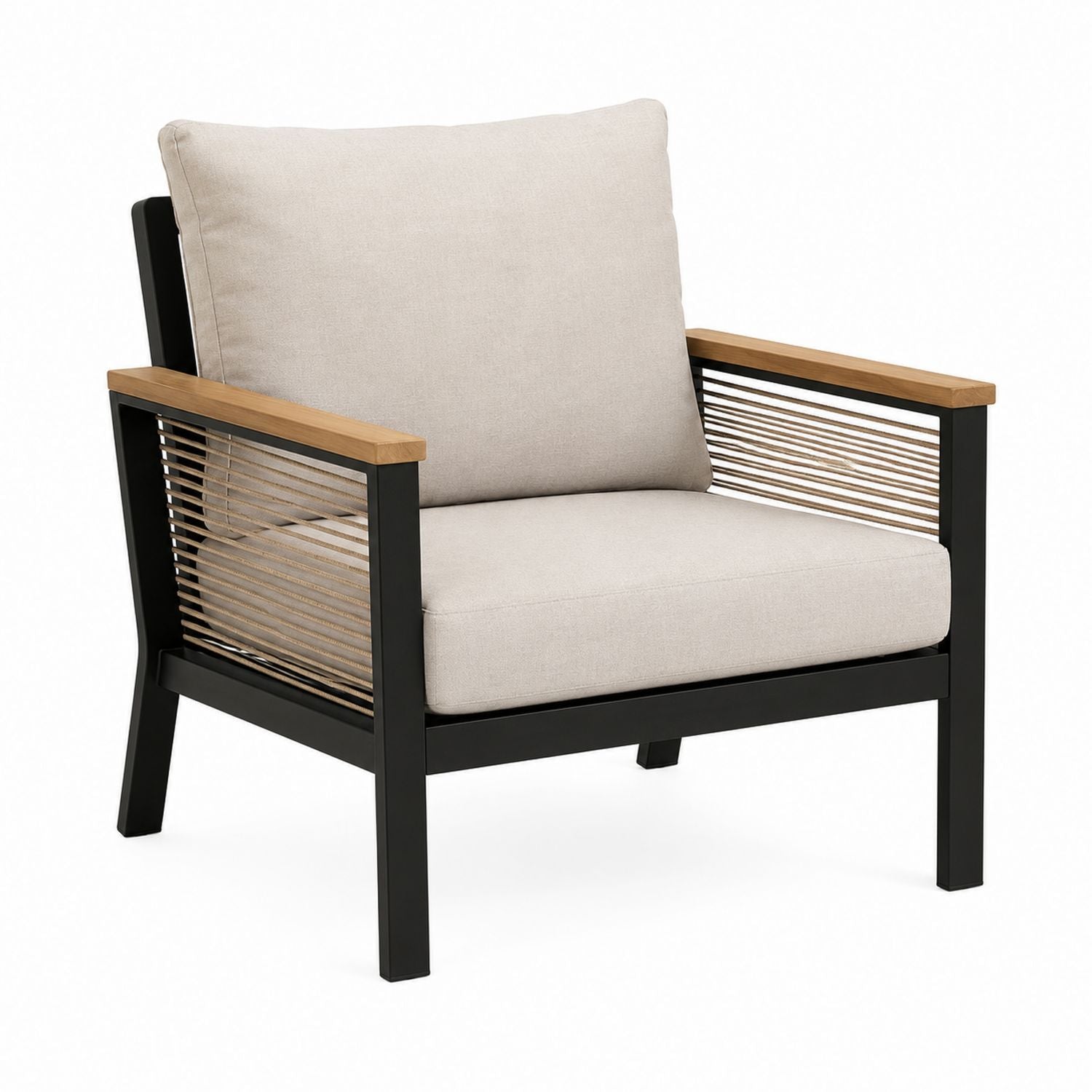 Outdoor Armchair with Metal Frame, Teak Armrests and Beige Cushions