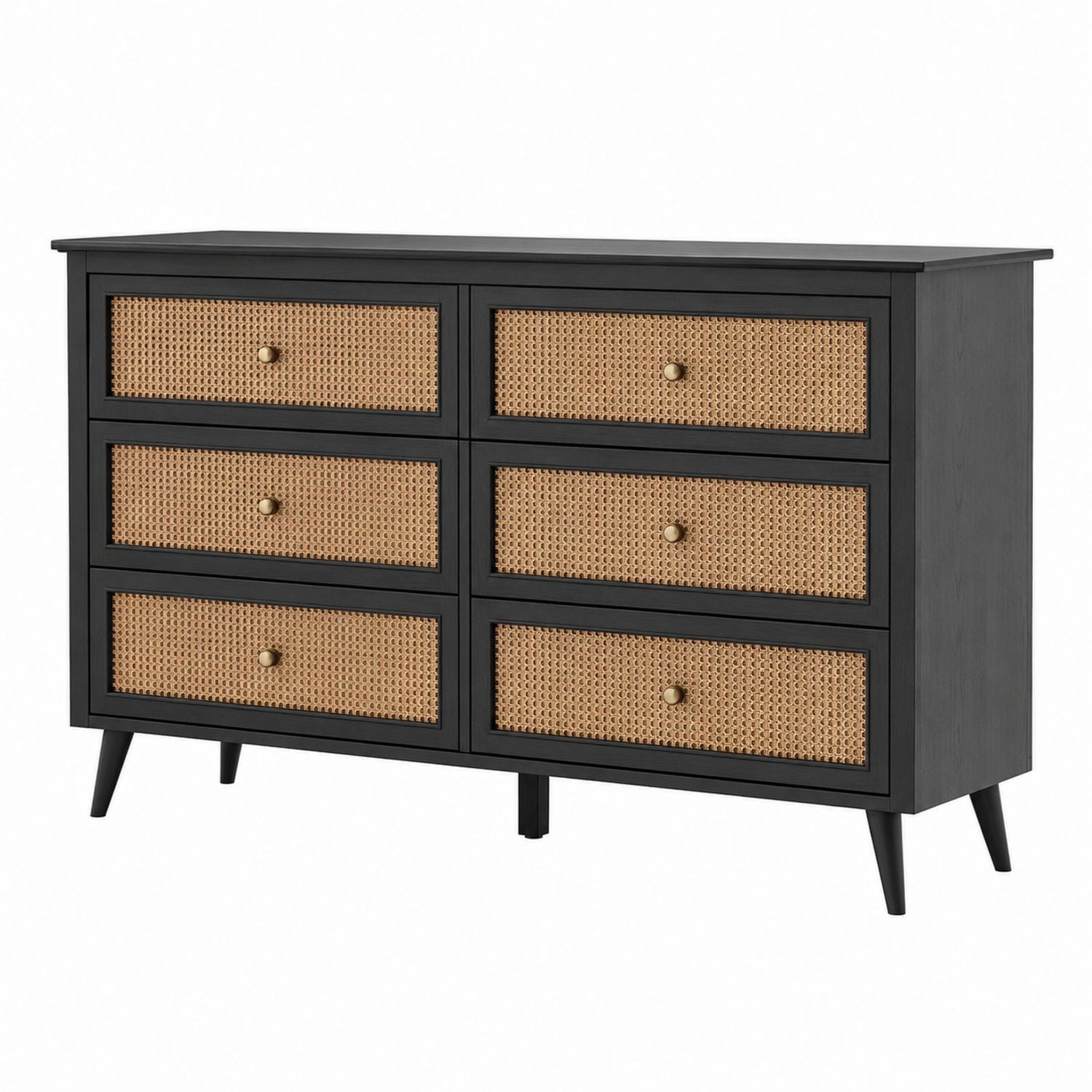 Black Wood Dresser with 6 Cane Drawers 120cm x 90cm x 40cm