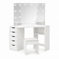 White MDF Corner Vanity Set with Mirror and Lights, 5 Drawers