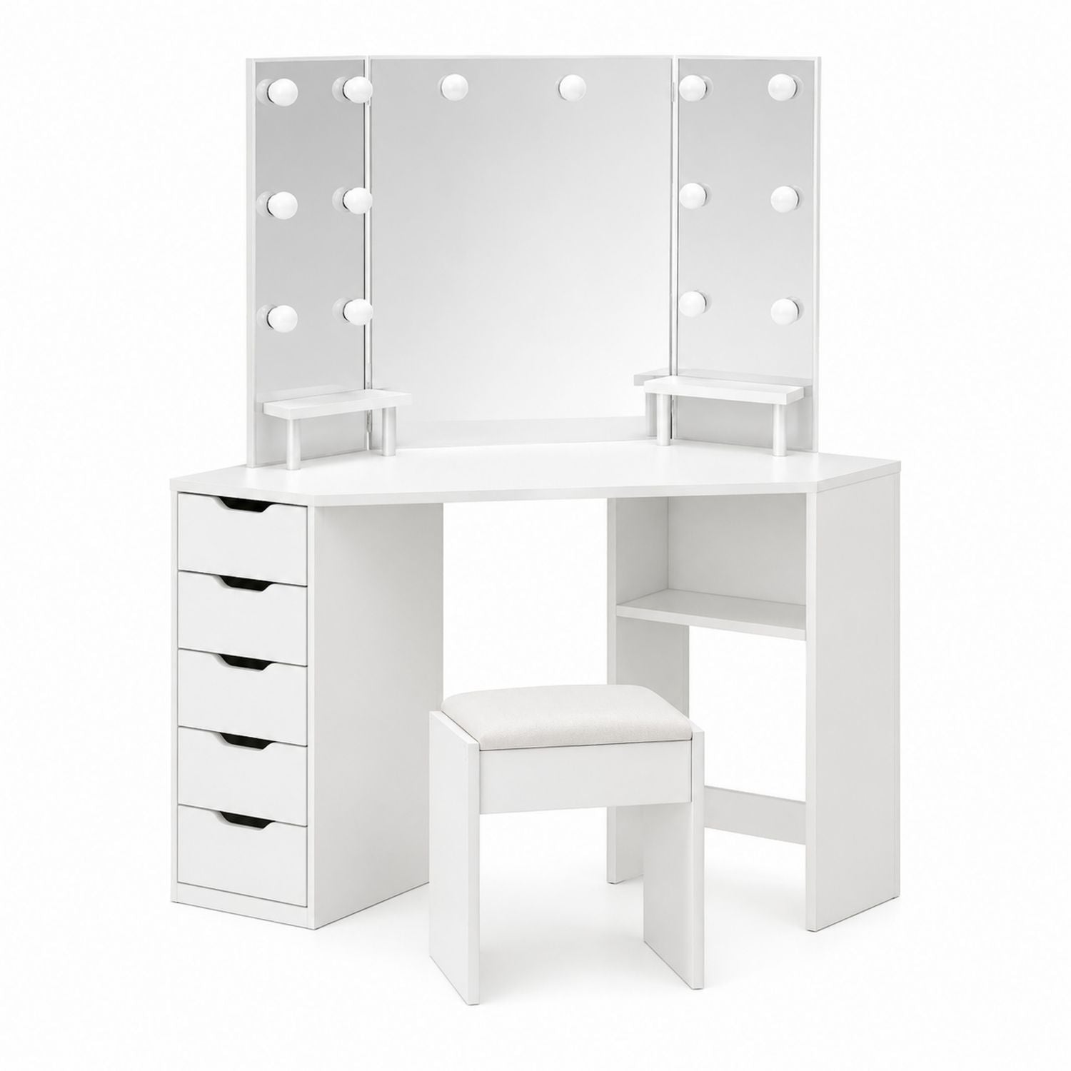 White MDF Corner Vanity Set with Mirror and Lights, 5 Drawers