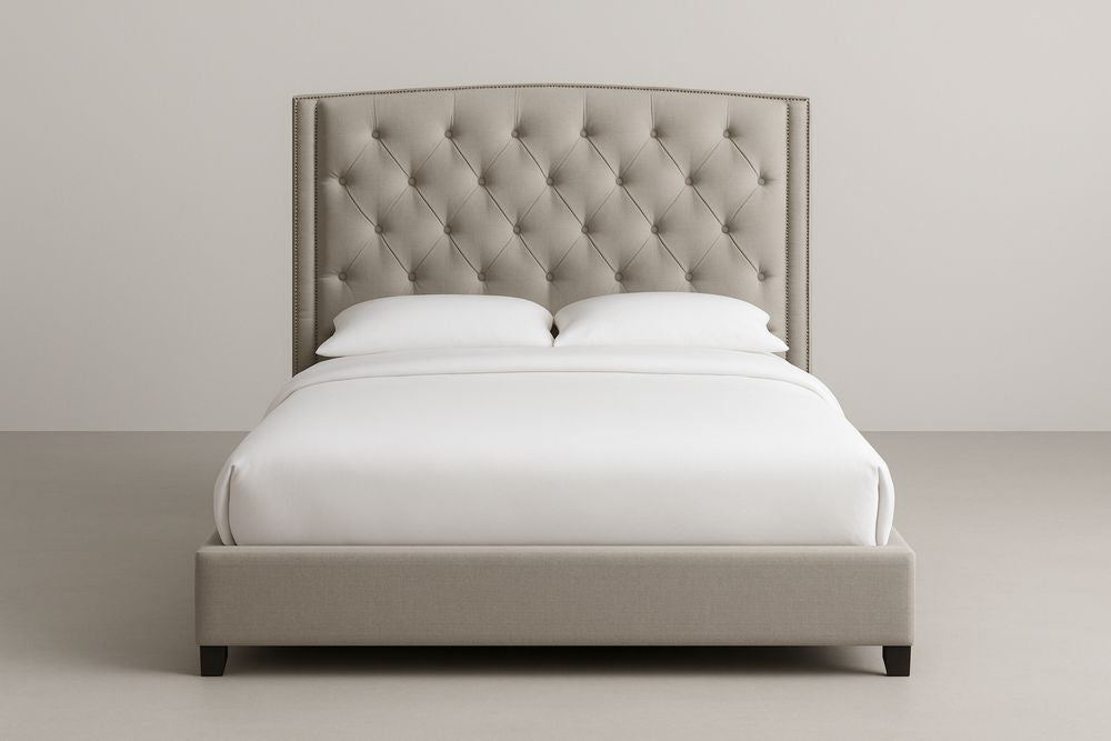 Upholstered Tufted Headboard Bed Frame with Linen Fabric in Beige