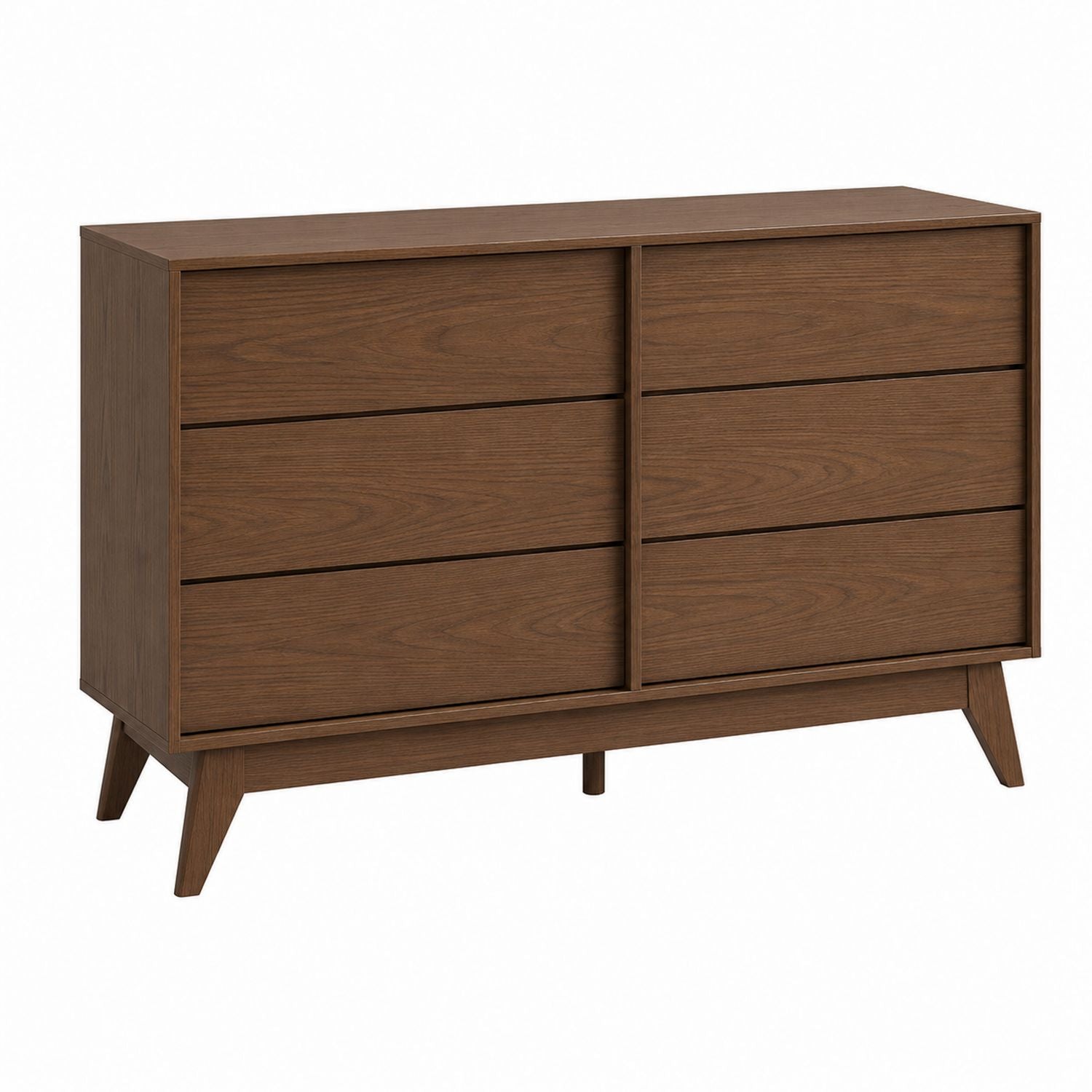 6-Drawer Walnut Veneer Dresser with Angled Legs