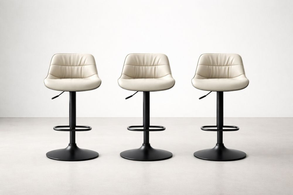 Set of 3 Adjustable Swivel Bar Stools with Faux Leather Seat and Black Metal Base Cream