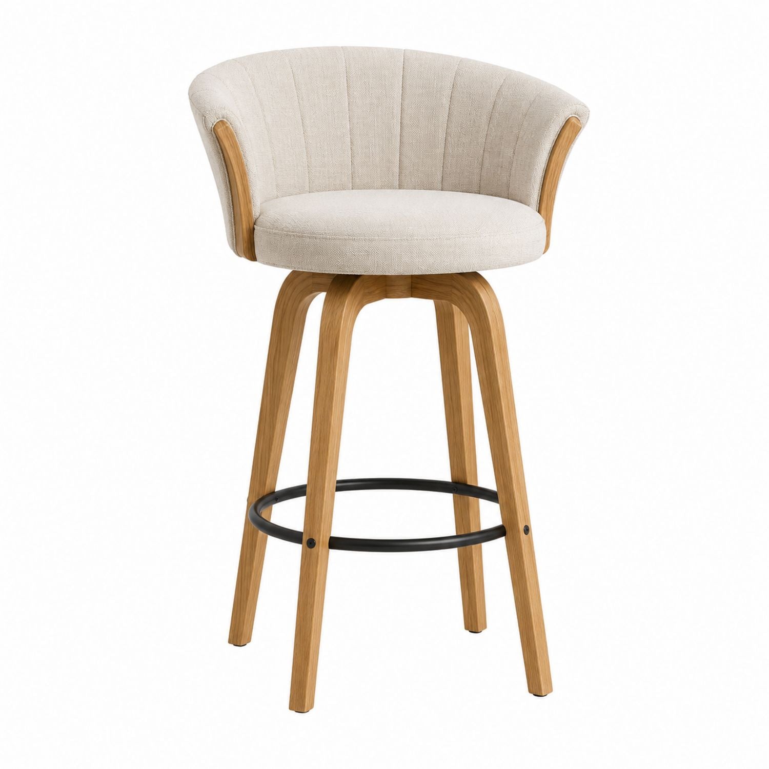 Beige Linen Upholstered Bar Stool with Wood Frame and Curved Backrest