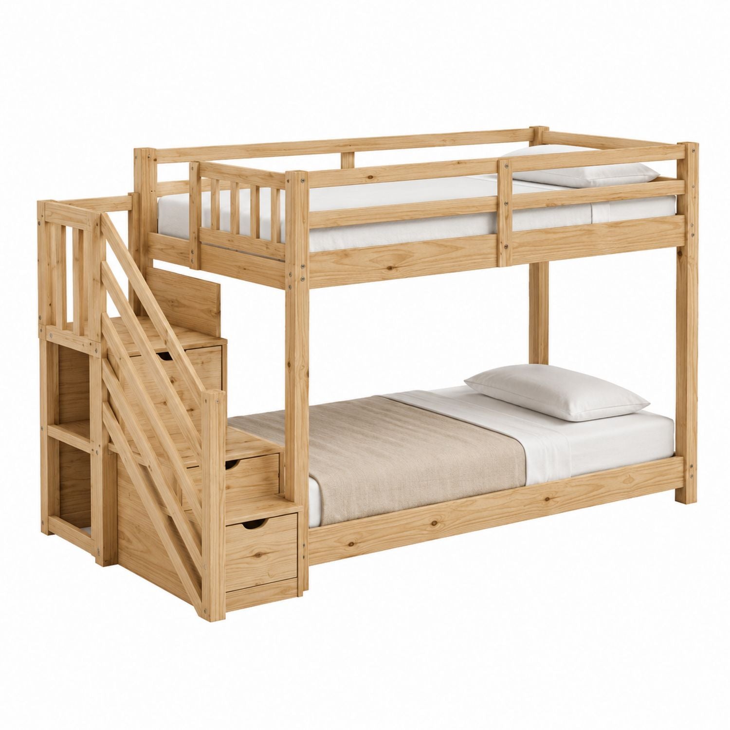 Wooden Bunk Bed with Stairs and Storage Drawers