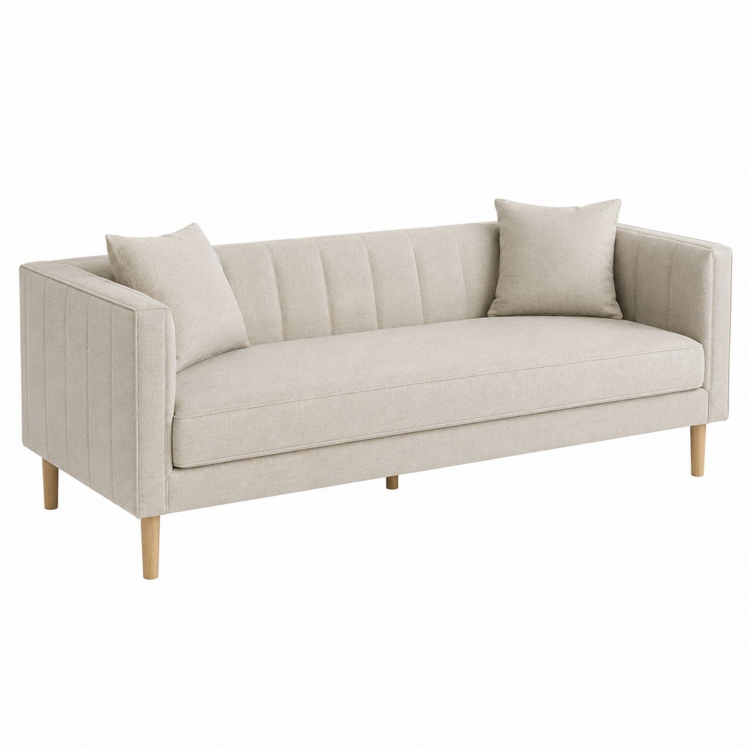 Beige Fabric Three-Seater Sofa with Solid Wood Legs