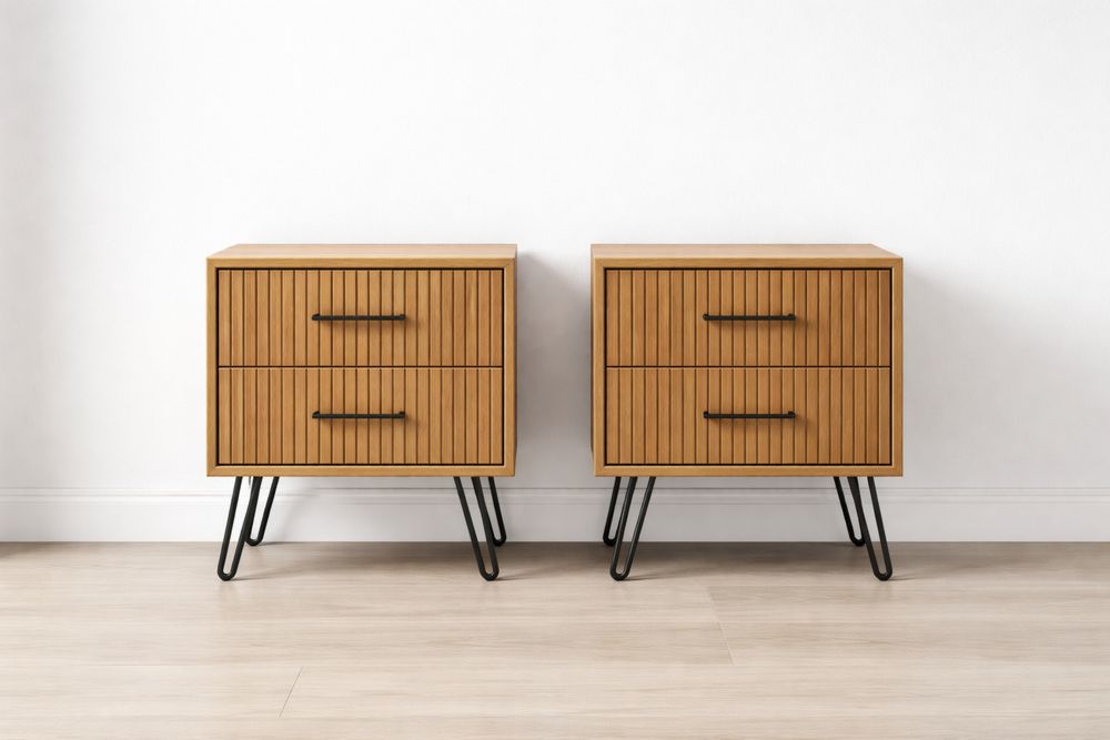 Set of 2 Wooden Nightstands with Metal Legs, 2-Drawer, Brown