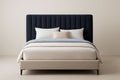 Upholstered Bed Frame with Channel Tufted Headboard Polyester Blend Fabric Metal Legs Beige/Navy