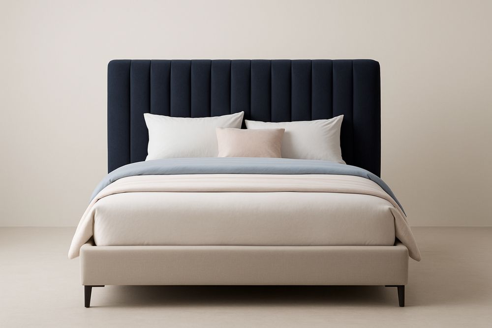 Upholstered Bed Frame with Channel Tufted Headboard Polyester Blend Fabric Metal Legs Beige/Navy