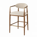 Wooden Bar Stool with Polyester Upholstered Seat and Brass Accents Beige