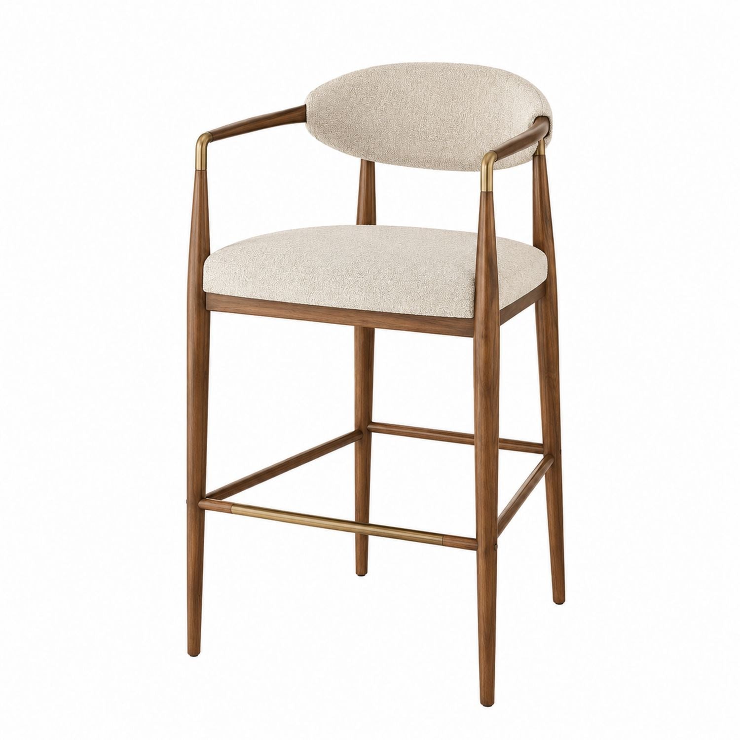 Wooden Bar Stool with Polyester Upholstered Seat and Brass Accents Beige