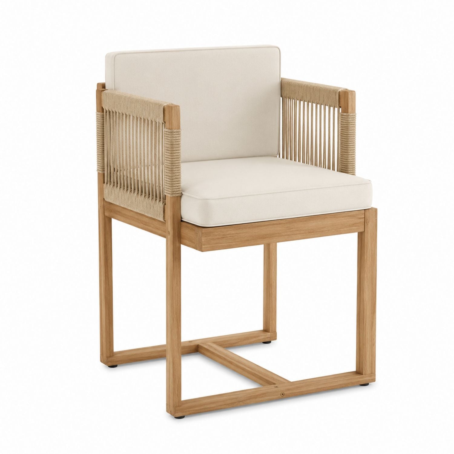 Teak Wood Chair with Rope Accents and Cream Cushions