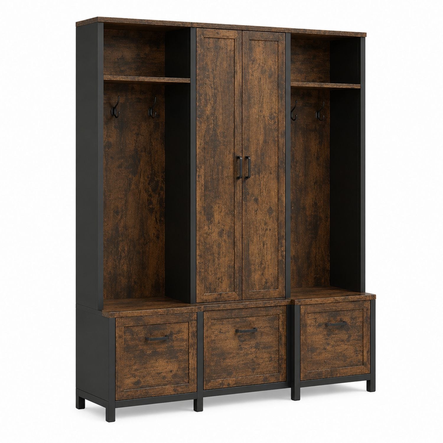 Wood and Metal Entryway Hall Tree with Storage Cabinet and Bench