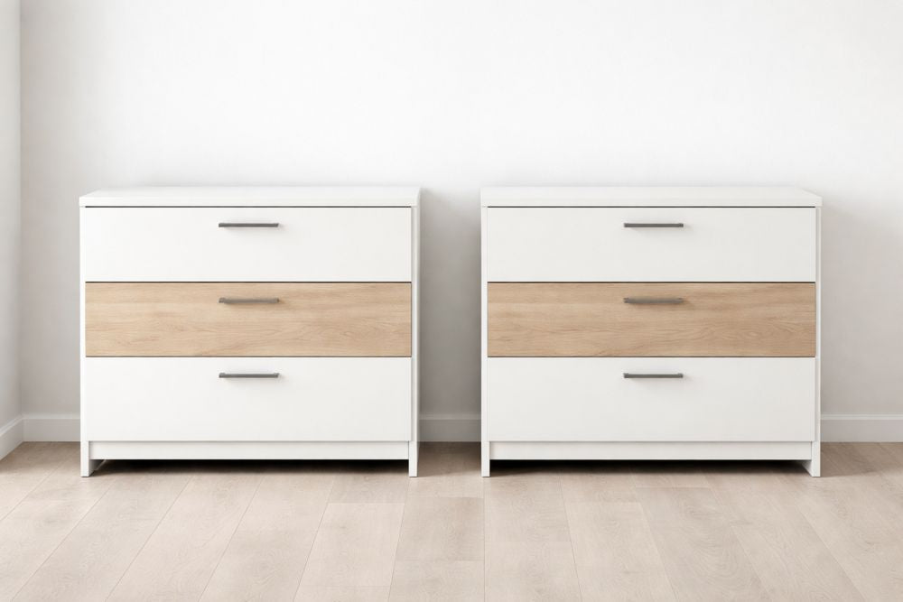 Set of 2 Three-Drawer Dressers White and Light Wood 80x80x40 cm