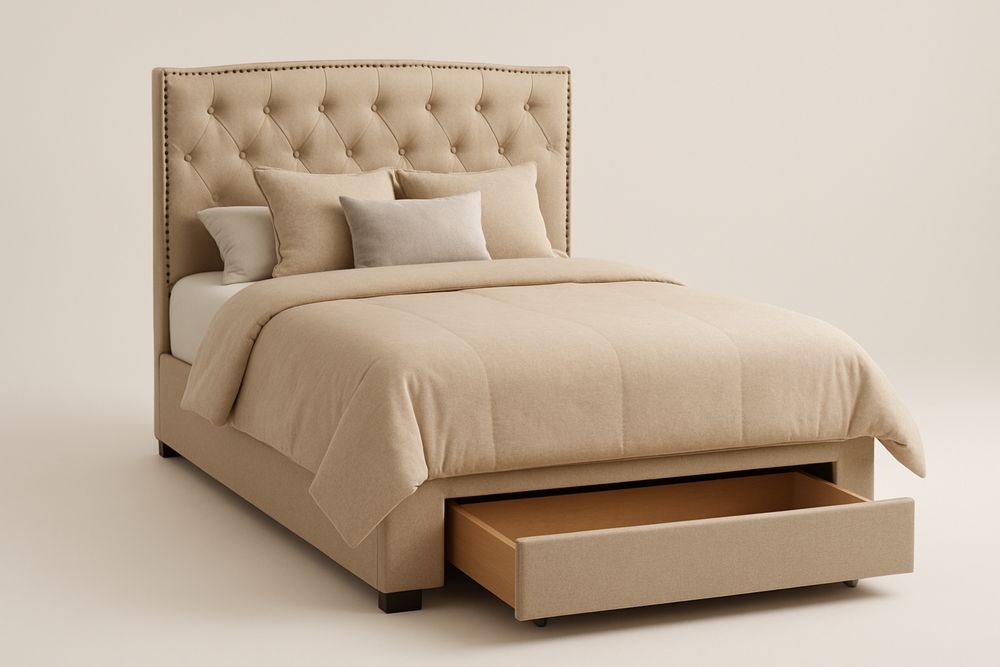 Beige Upholstered Queen Bed with Storage Drawer