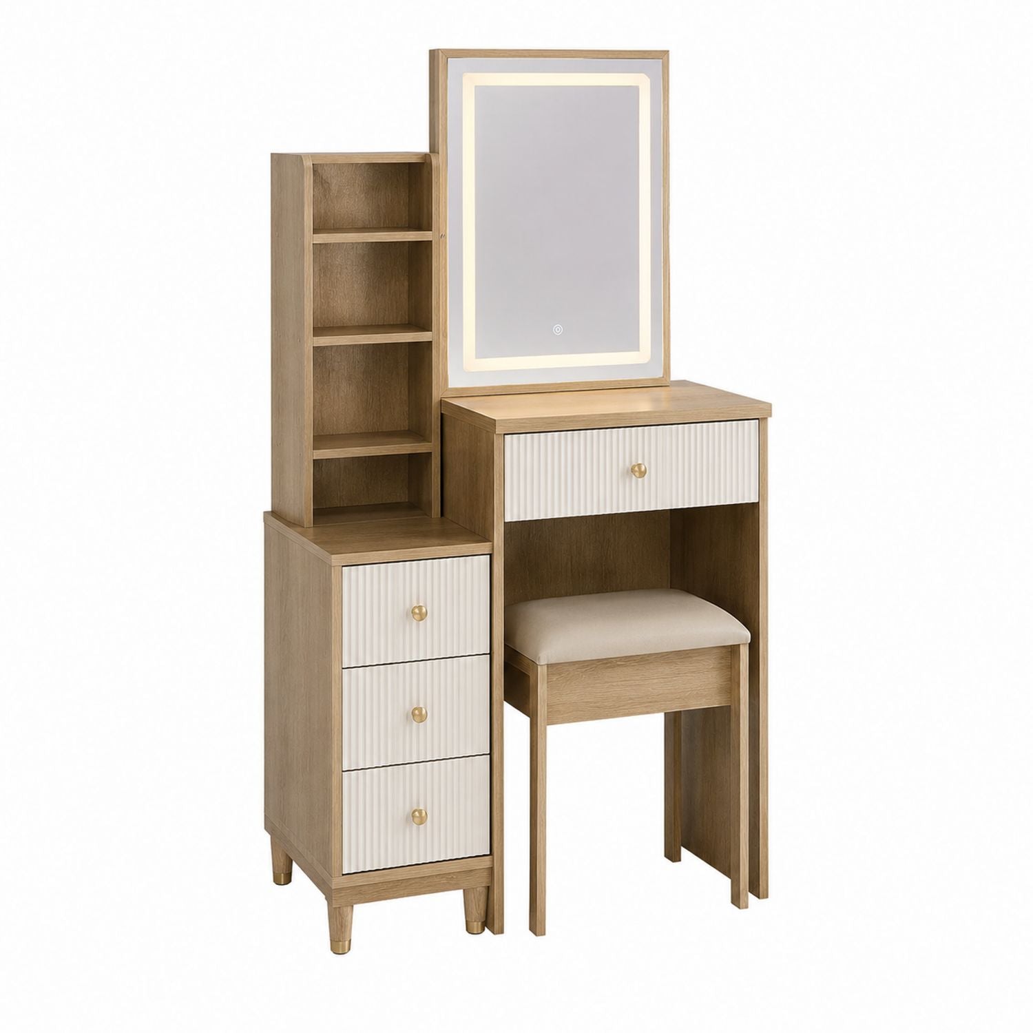 Wood Makeup Vanity Set with LED Mirror and Drawers Beige 80cm x 40cm x 140cm