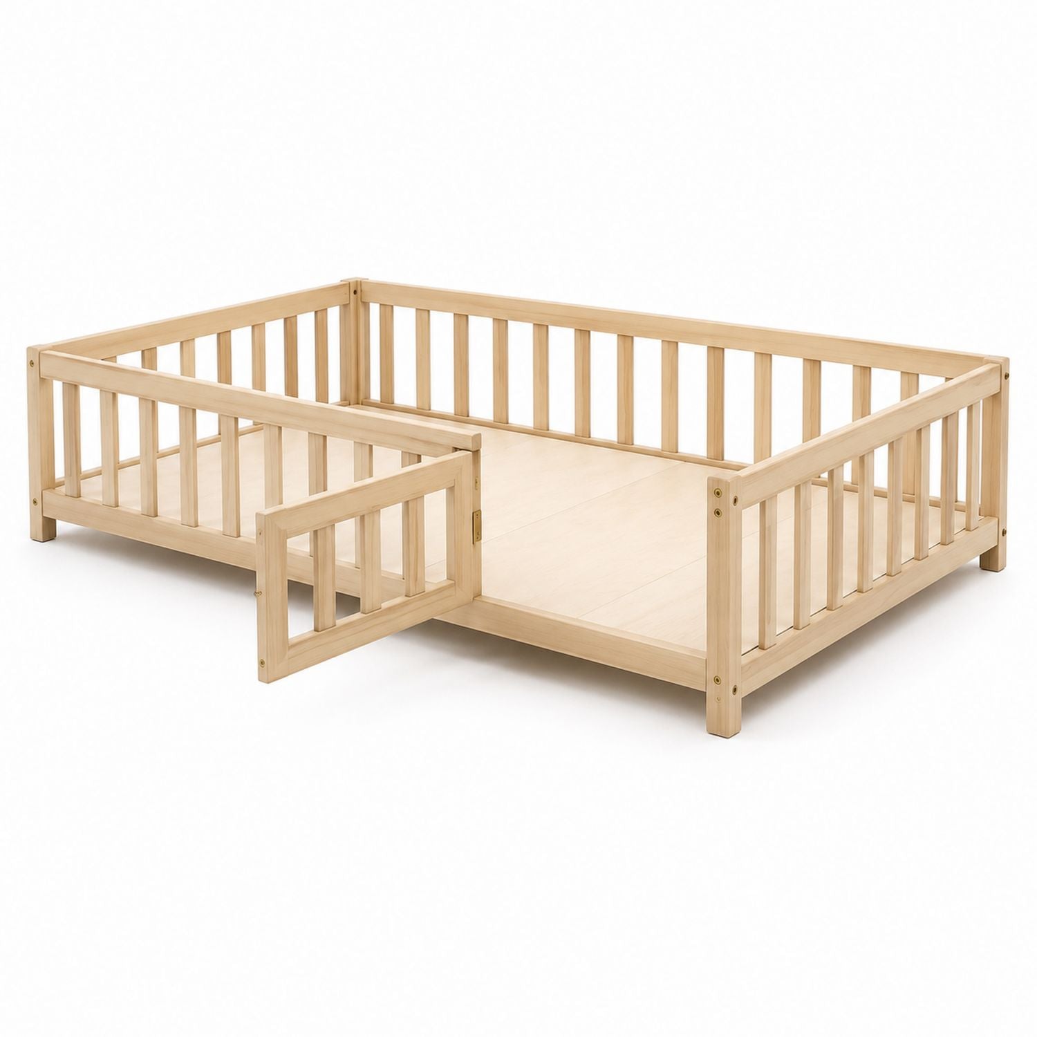 Natural Wood Toddler Bed with Safety Rail and Gate