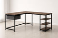 L-Shaped Wood Metal Computer Desk with Shelves and Drawer 147cm x 120cm x 74cm Brown Black