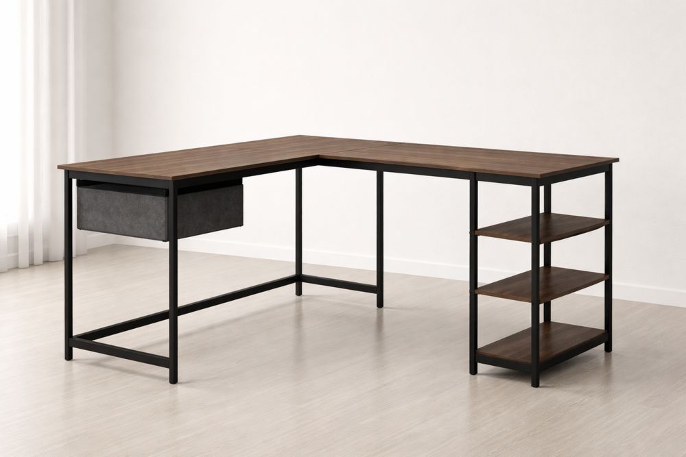 L-Shaped Wood Metal Computer Desk with Shelves and Drawer 147cm x 120cm x 74cm Brown Black