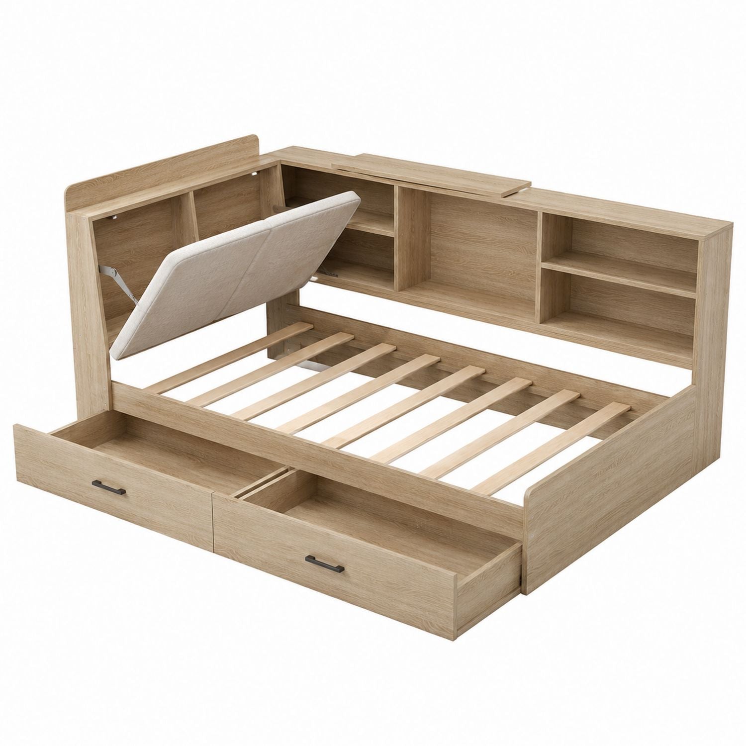 Oak Storage Bed with Adjustable Headboard and Drawers