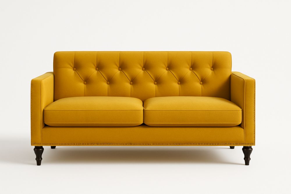Yellow Fabric Upholstered Sofa with Tufted Back and Wooden Legs