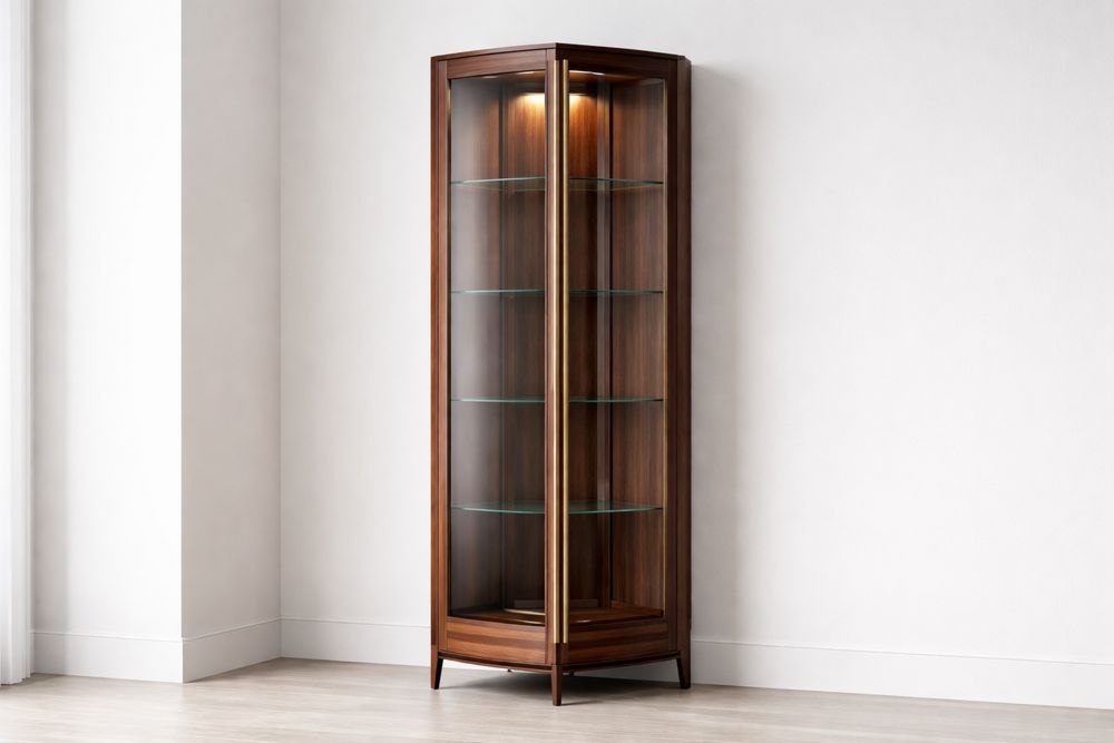 Walnut Corner Display Cabinet with Tempered Glass Shelves