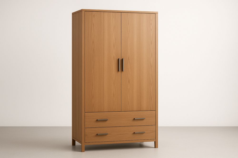 Wooden Wardrobe with 2 Doors and 2 Drawers Oak Finish